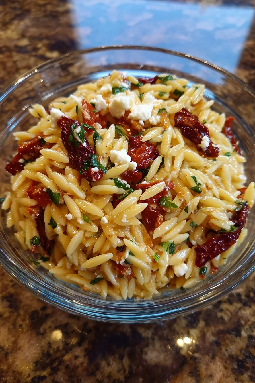 Homemade Orzo Pasta Salad with Feta and Sun Dried Tomatoes - flirtyfood