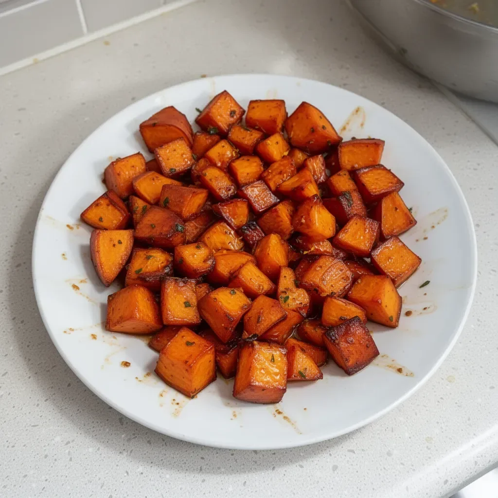 Delicious Honey Roasted Sweet Potatoes served in a dish