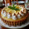 Delicious Italian Lemon Tart with Mascarpone on a rustic wooden table.