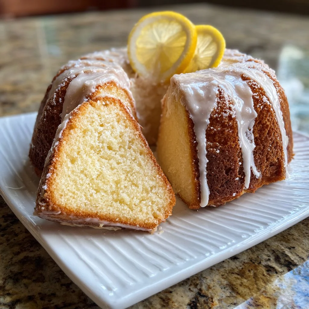 Sliced Italian lemon pound cake on a white plate with fresh lemon slices