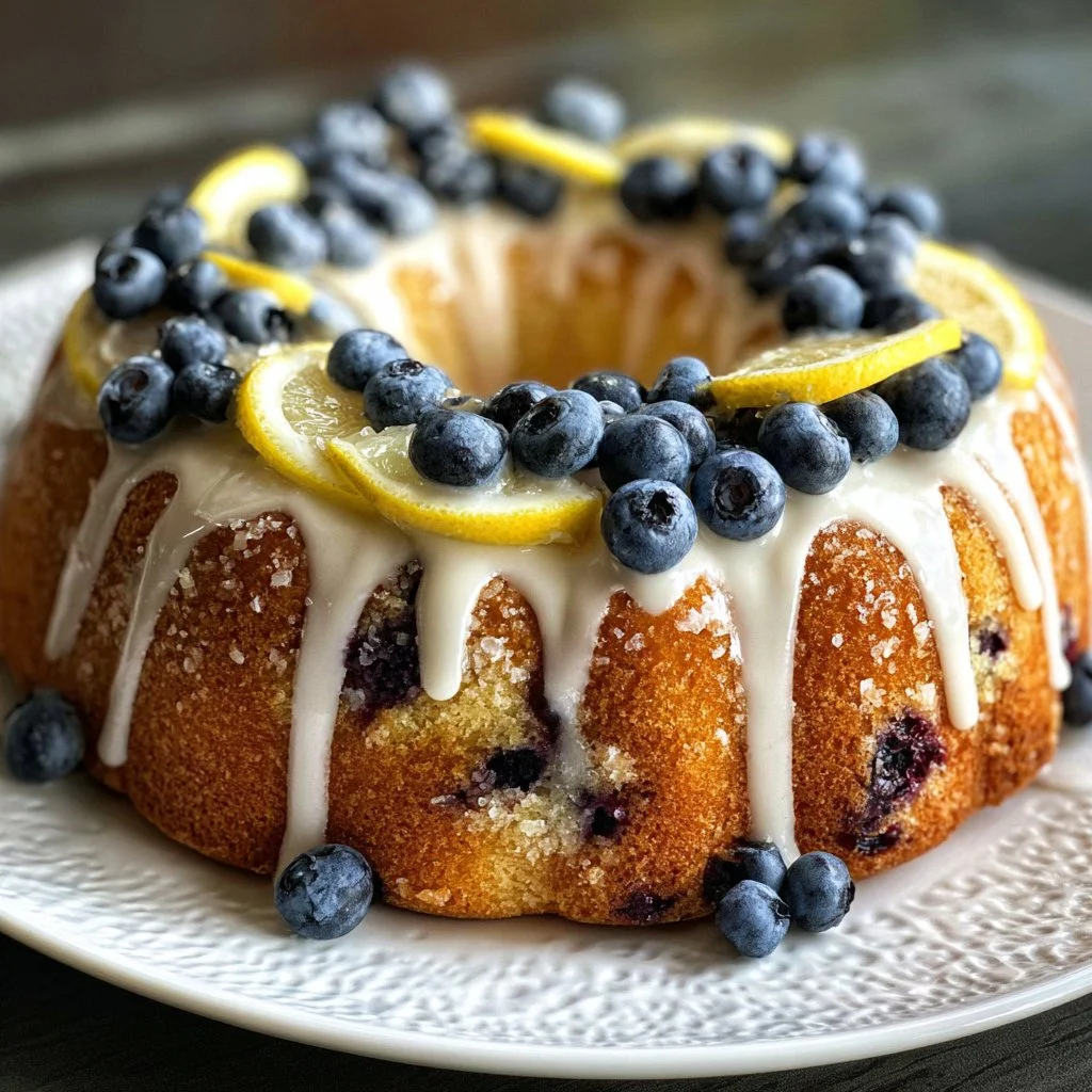 Lemon blueberry bundt cake topped with a glaze and fresh berries