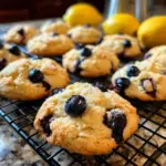 Freshly baked lemon blueberry cookies on a rustic wooden table