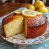 Deliciously moist lemon cake with a glaze on a white plate