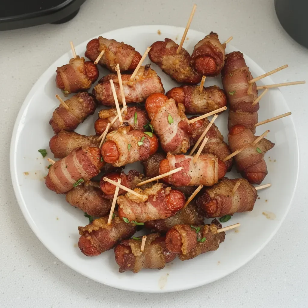 Bacon-wrapped Little Smokies served on a platter