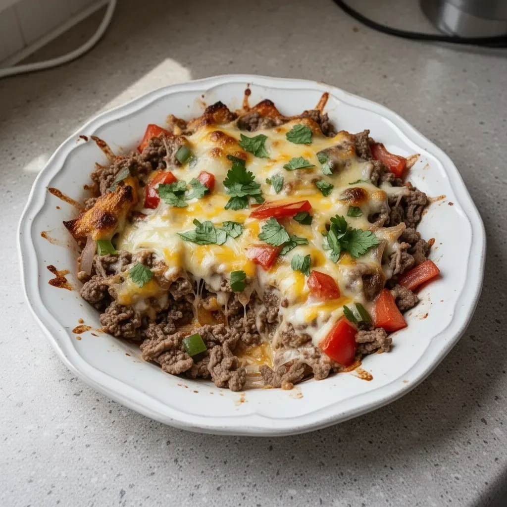 Low Carb Philly Cheesesteak Casserole in a baking dish, garnished and ready to serve.