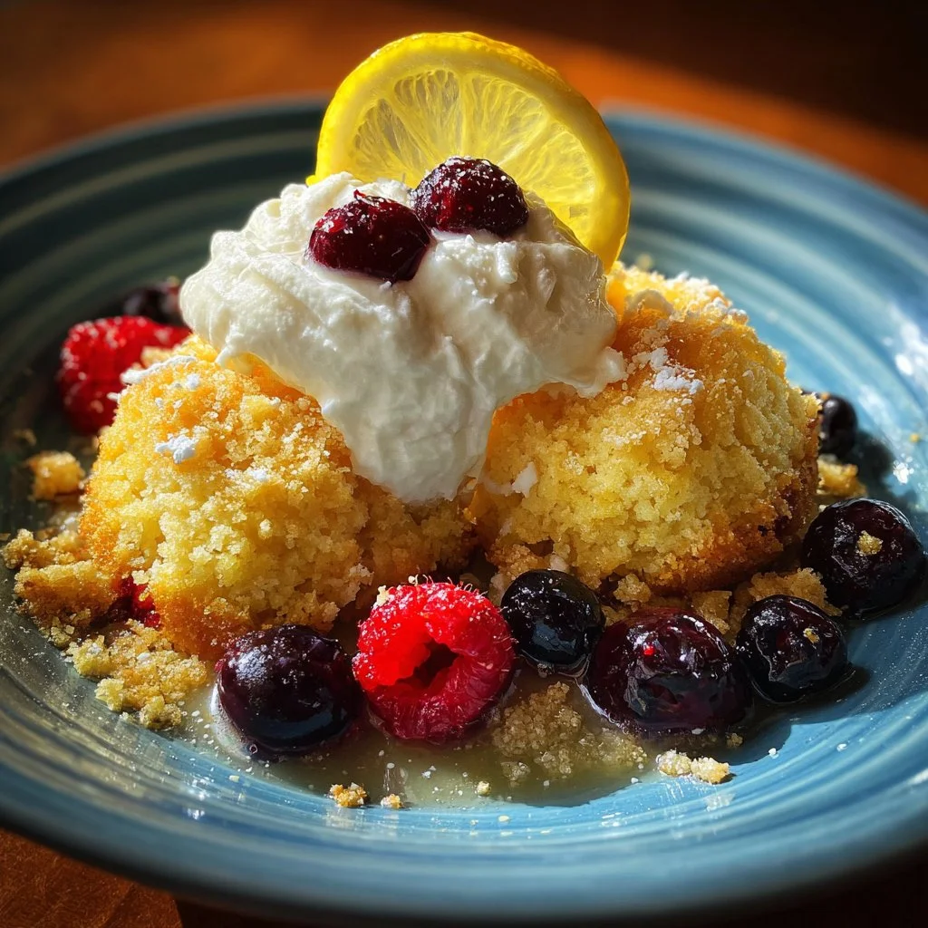 Magic Lemon Cobbler dessert with a golden crust and lemon filling.