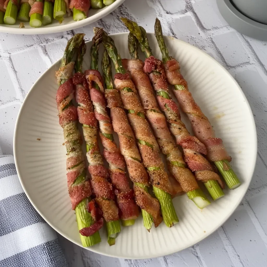 Maple bacon wrapped asparagus on a serving platter