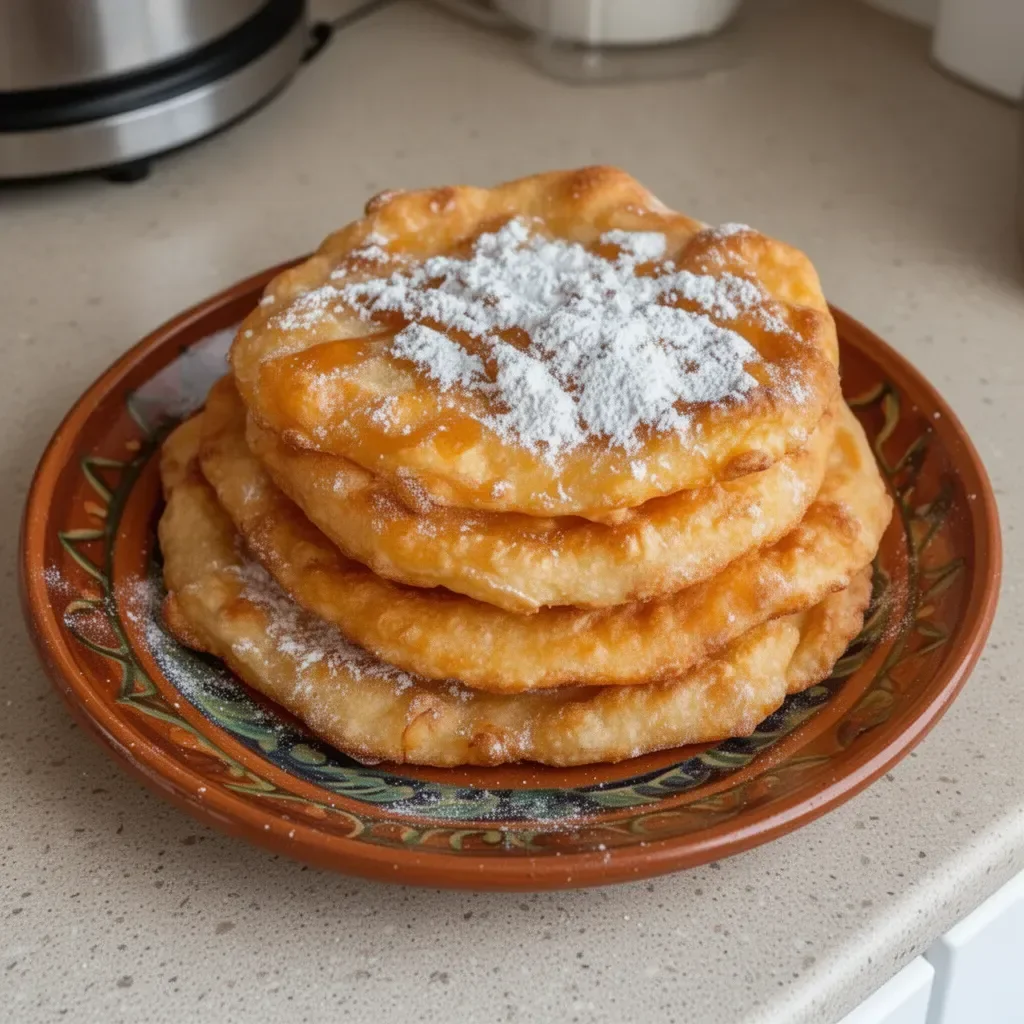 A plate of golden brown Navajo Fry Bread served with toppings.