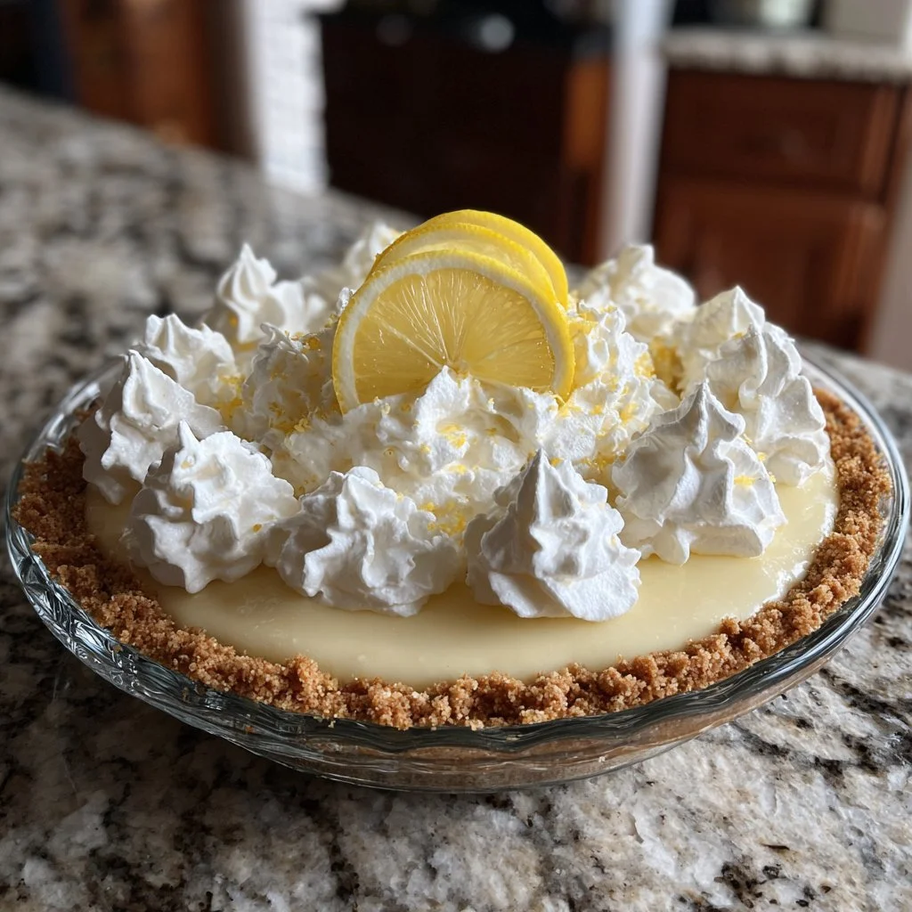 No Bake Lemon Pie topped with whipped cream and lemon slices