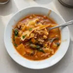 Delicious One Pot Lasagna Soup garnished with herbs in a bowl