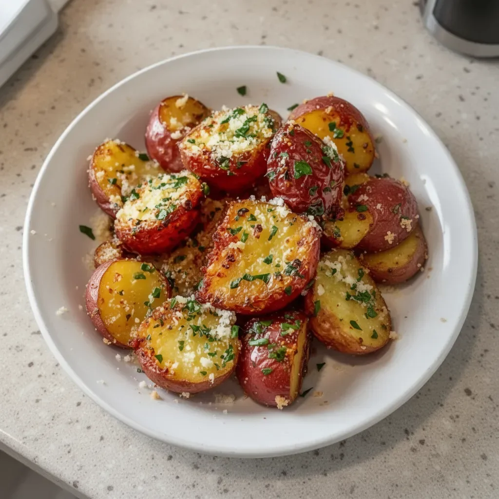 Baked Parmesan Roasted Red Potatoes garnished with herbs