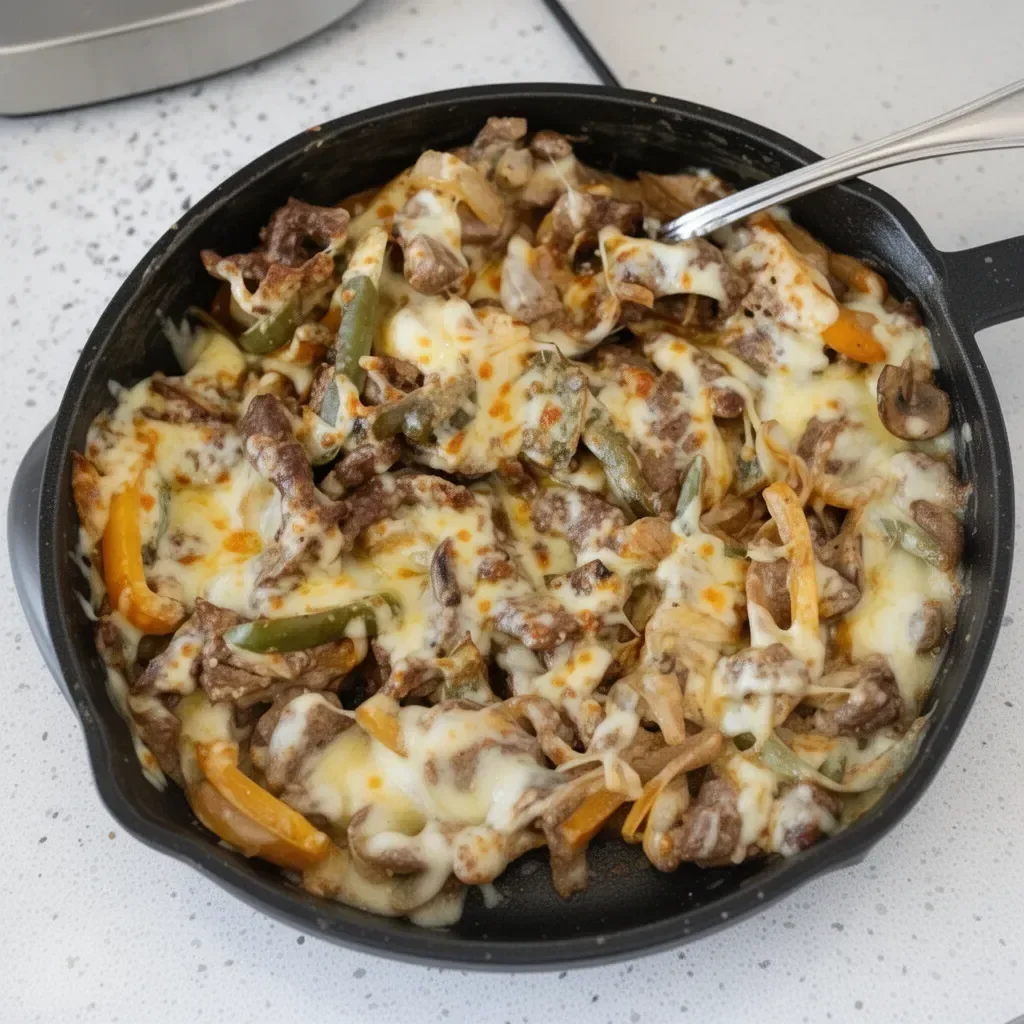 Delicious Philly Cheesesteak Casserole topped with melted cheese and peppers