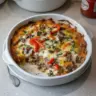 Philly Cheesesteak Casserole with melted cheese and savory beef