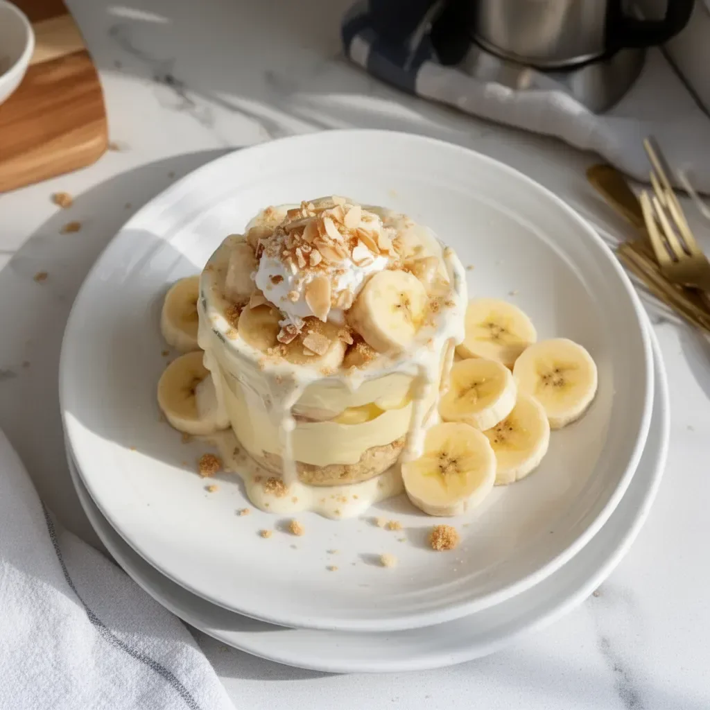 Delicious protein banana pudding served in a bowl with banana slices on top.
