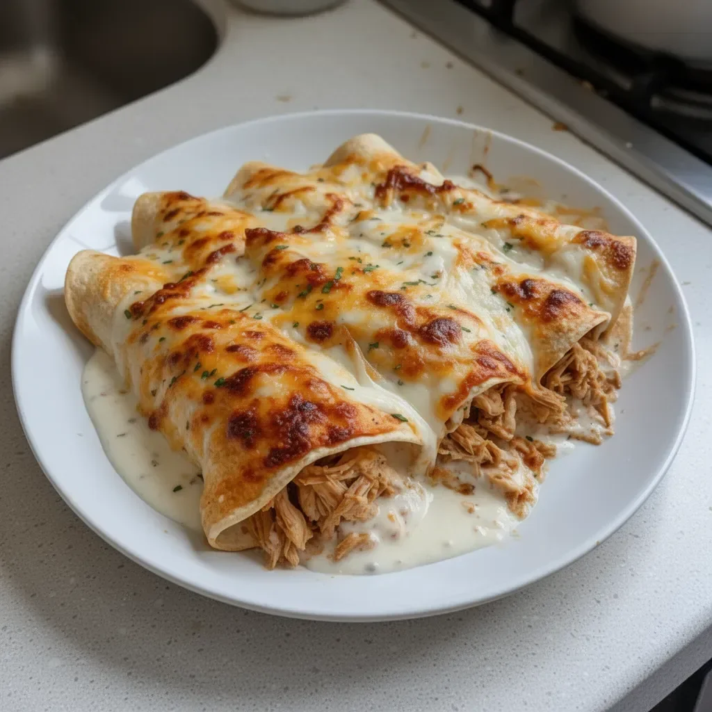 Delicious protein chicken enchiladas with creamy white sauce for a flavorful meal.