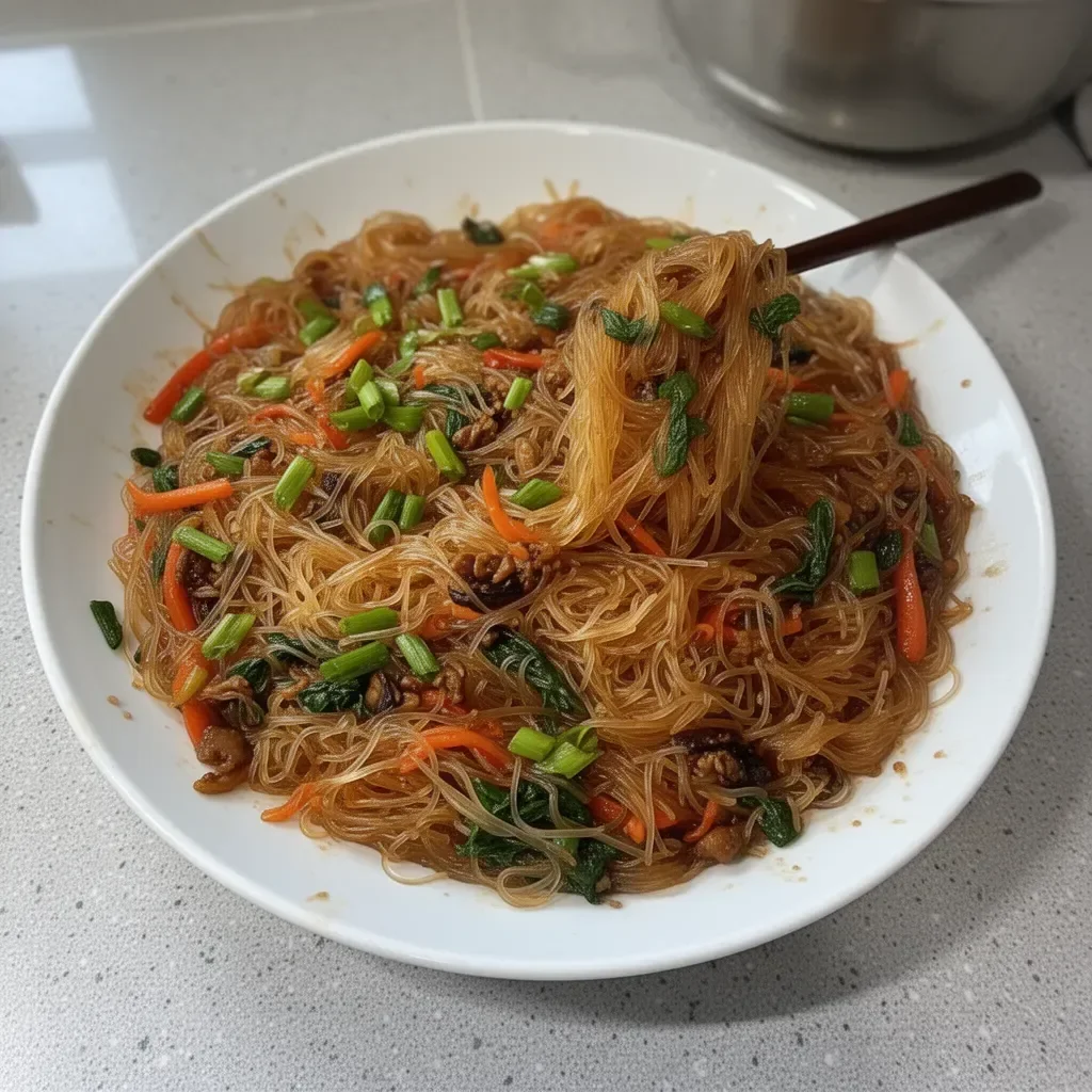 A delicious plate of rice noodle stir-fry with colorful vegetables and sauce.