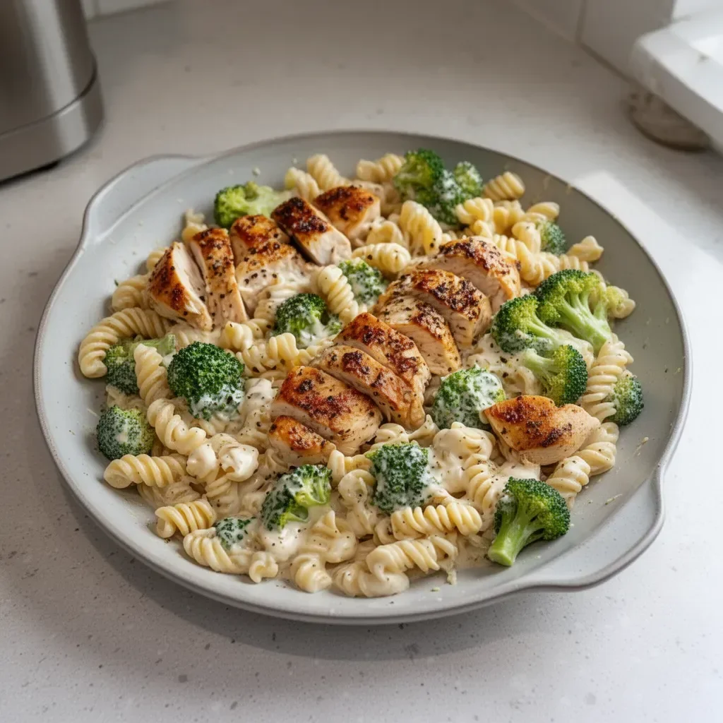 Delicious Rotisserie Chicken Broccoli Pasta served in a bowl