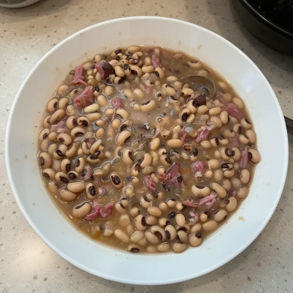 Delicious slow cooker black-eyed peas in a bowl garnished with herbs