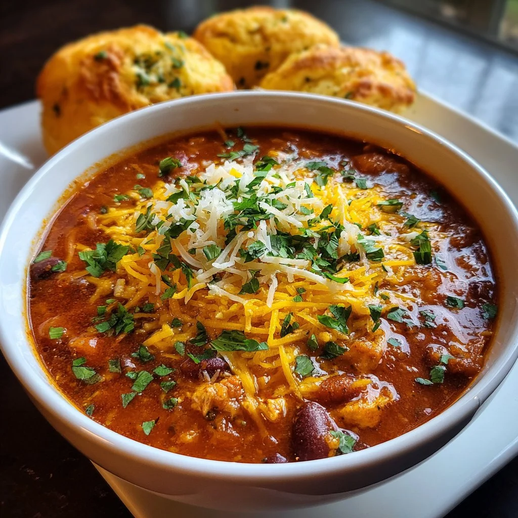 Slow Cooker Cheesy Chicken Chili with melted cheese and chicken