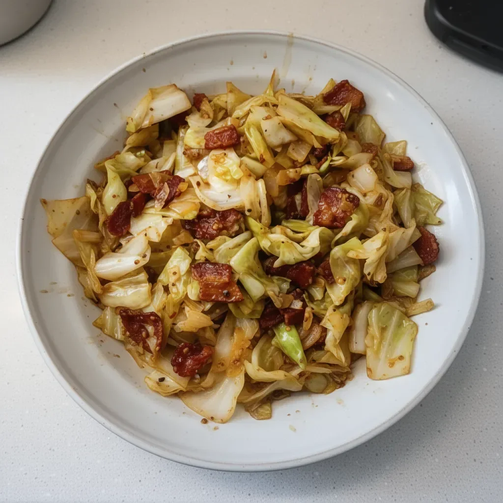 Plate of delicious Southern fried cabbage cooked with spices