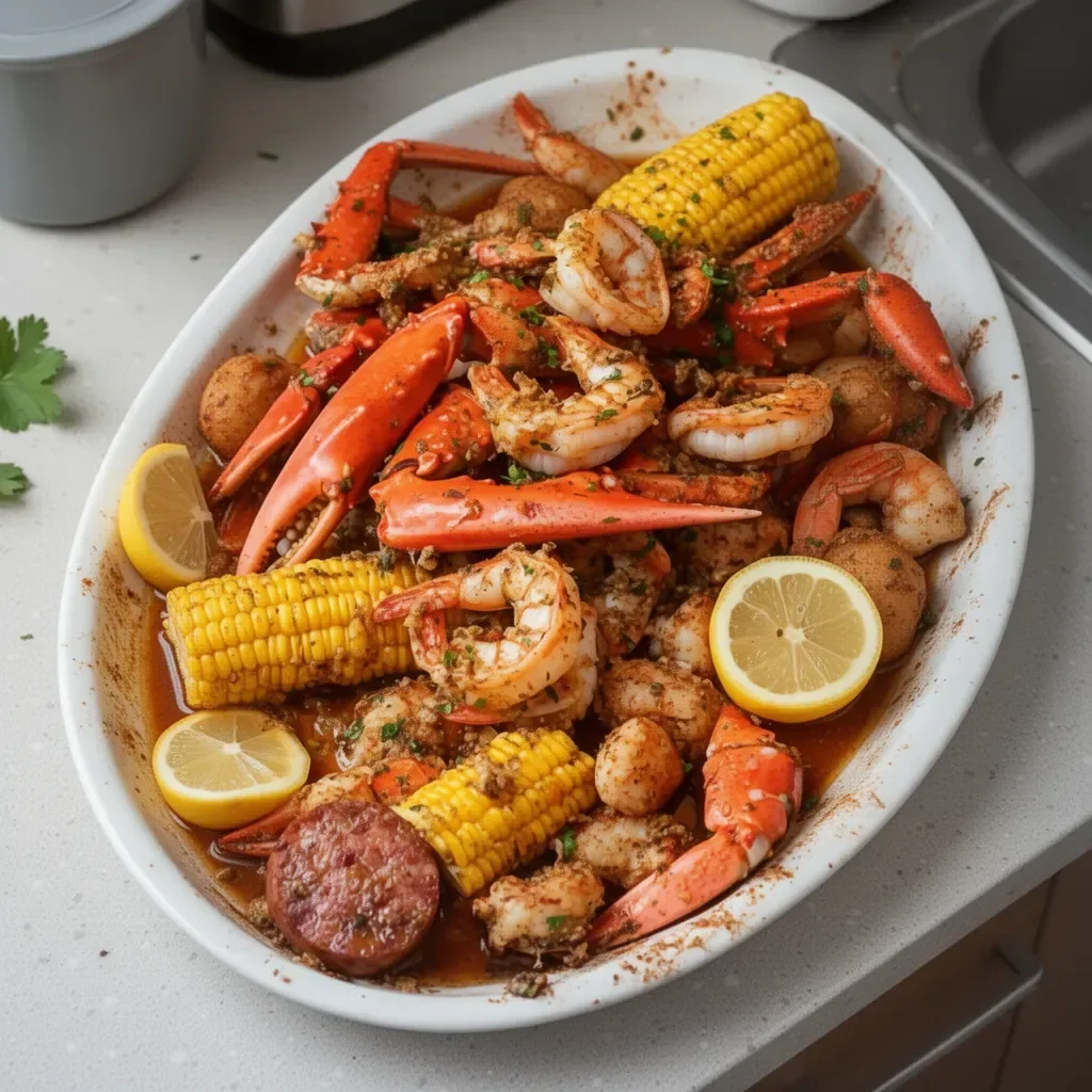 Delicious Spicy Cajun Seafood Boil with shrimp, crab, corn, and potatoes in a spicy broth.