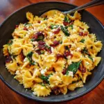 Delicious Spinach Pasta Salad with Feta cheese and Cranberries in a bowl
