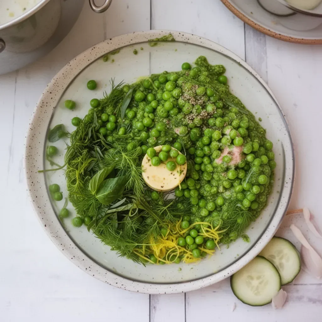 Delicious spring pea pesto served in a bowl with fresh ingredients.