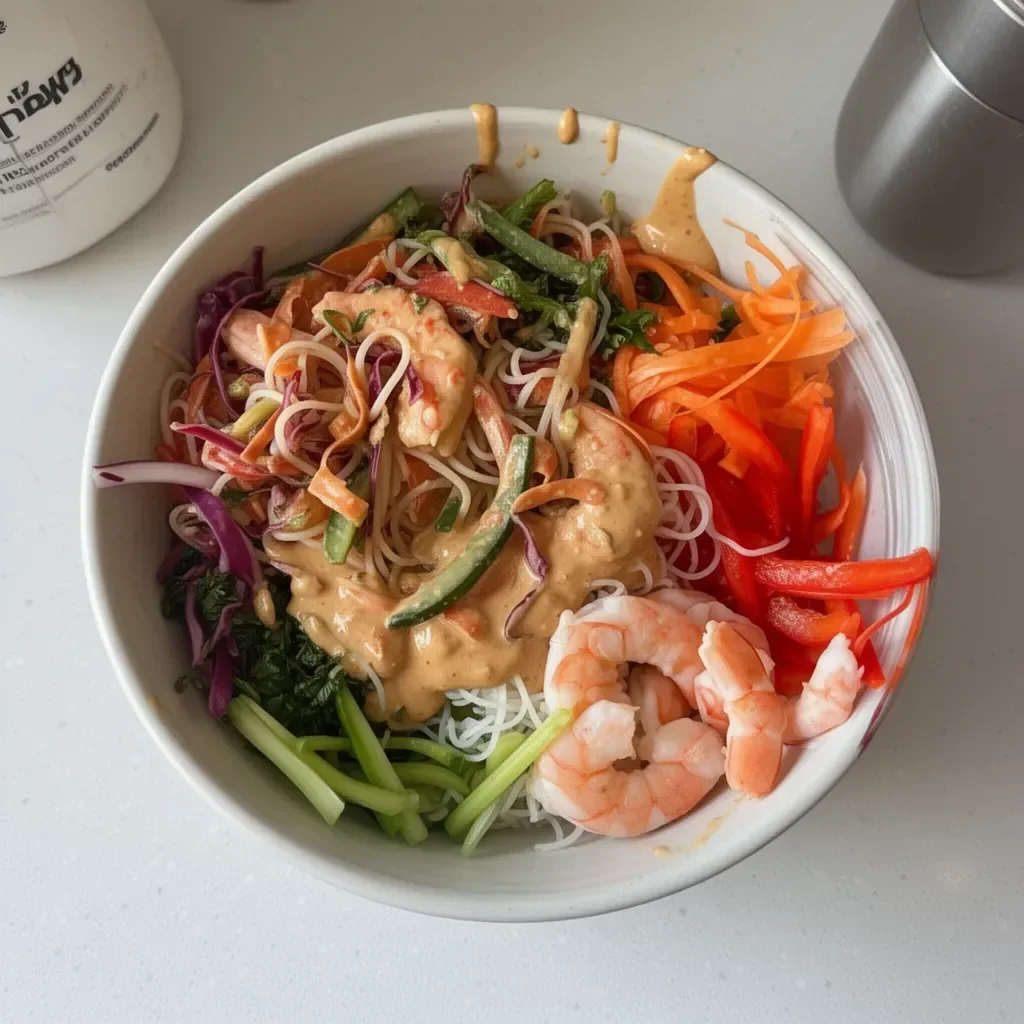 Spring Roll Bowl topped with creamy peanut dressing and fresh vegetables