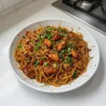 Plate of sticky garlic chicken noodles garnished with herbs
