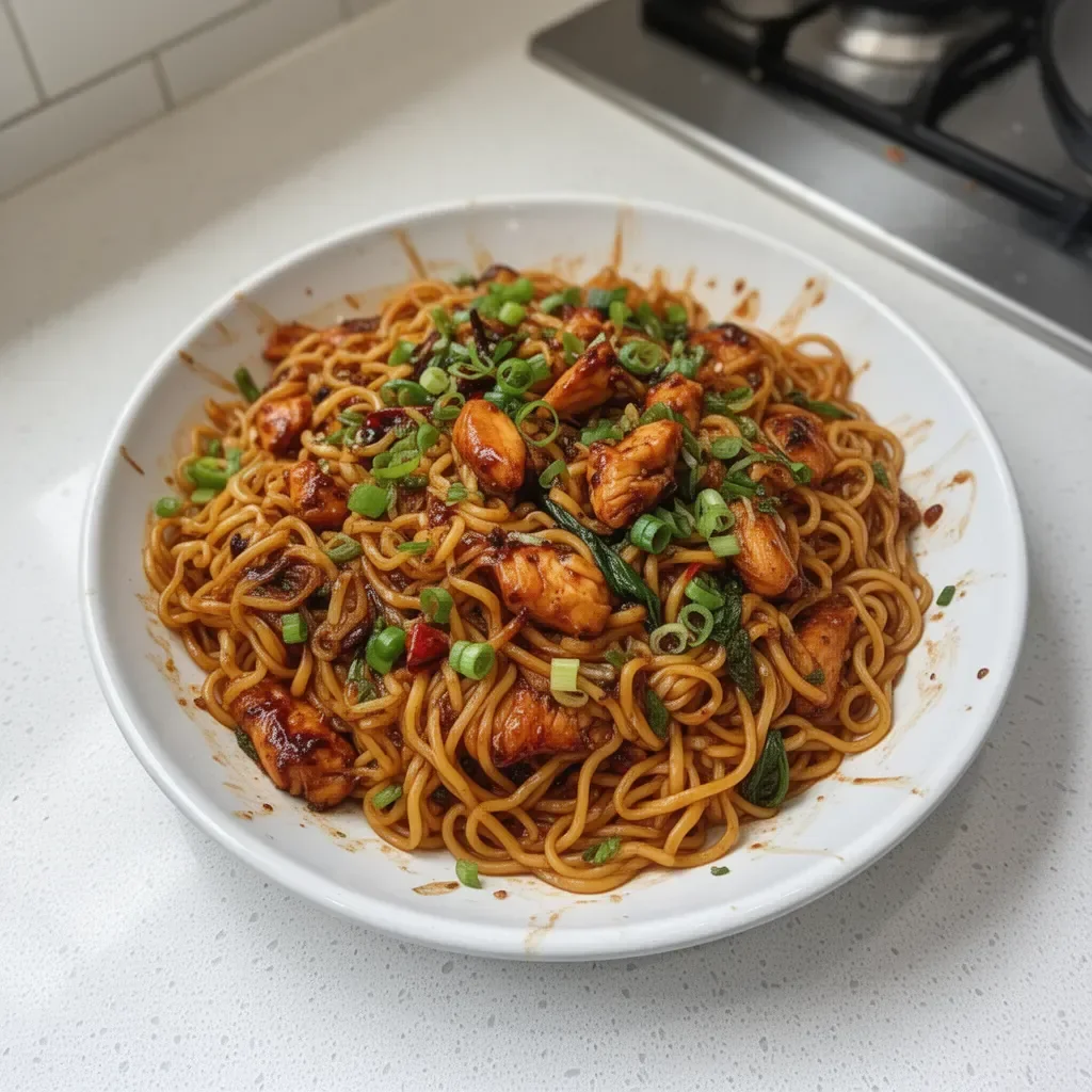Plate of sticky garlic chicken noodles garnished with herbs
