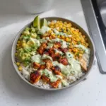 Delicious Street Corn Chicken Rice Bowl with roasted corn and succulent chicken