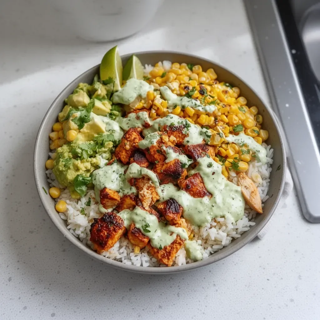 Delicious Street Corn Chicken Rice Bowl with roasted corn and succulent chicken