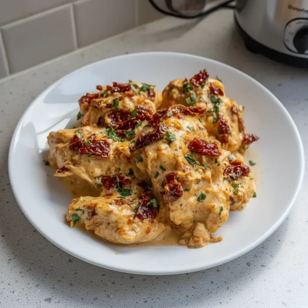 Creamy Crockpot Marry Me Chicken served with herbs and cheese