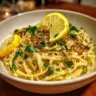 Delicious Vegan Lemon Artichoke Pasta served with a sprinkle of herbs