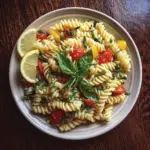 Vegan Lemon Basil Pasta Salad with fresh ingredients in a bowl