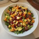 Colorful winter salad with seasonal ingredients like kale, apples, and nuts.