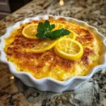 Delicious zesty lemon cobbler served in a white dish with a golden crust.