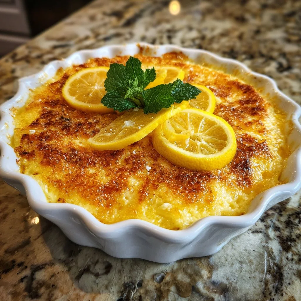 Delicious zesty lemon cobbler served in a white dish with a golden crust.