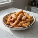Crispy air fryer apple fries served in a bowl with dipping sauce