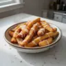 Crispy air fryer apple fries served in a bowl with dipping sauce