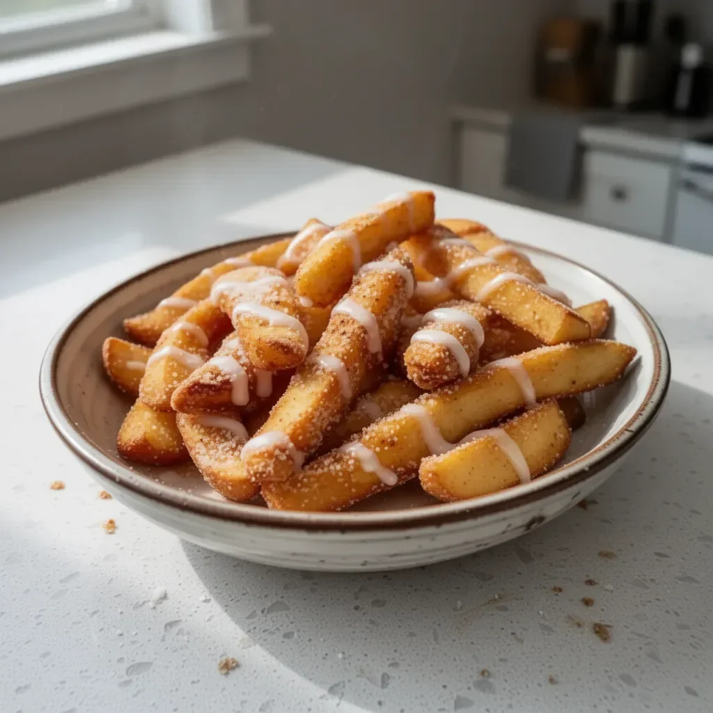 Crispy air fryer apple fries served in a bowl with dipping sauce