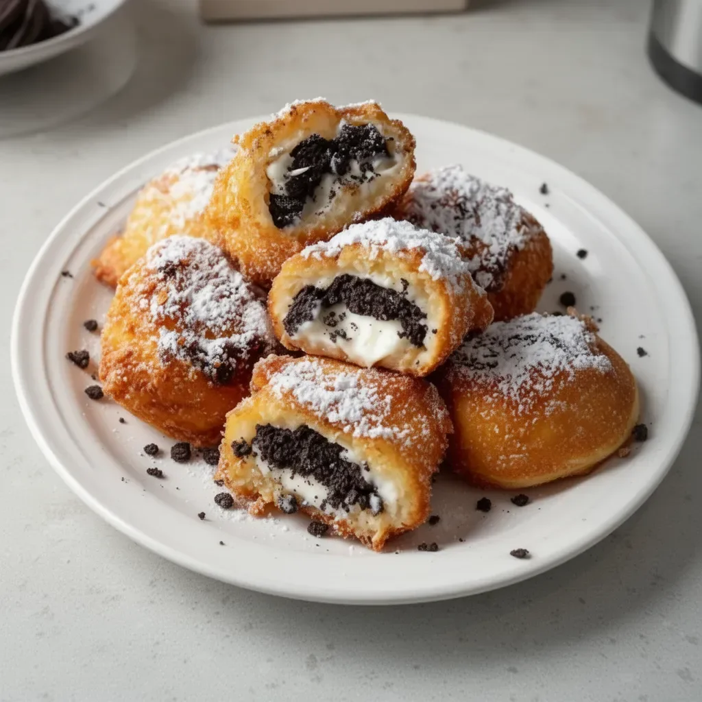 Delicious Air Fryer Oreo Pancakes stacked on a plate with syrup and cream.