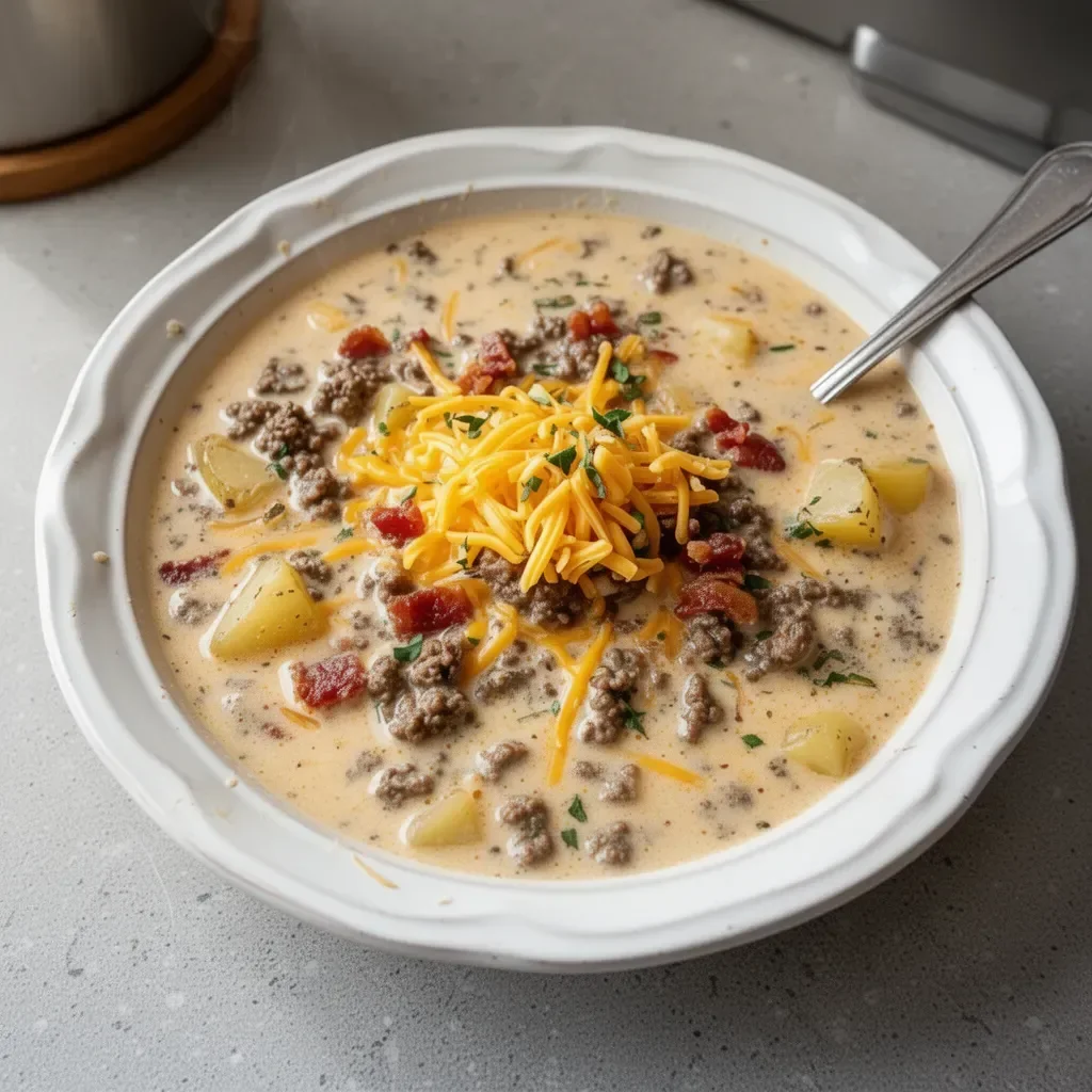 Bacon Cheeseburger Soup garnished with crispy bacon and cheese.