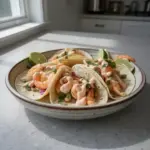 Delicious Baja shrimp tacos garnished with fresh vegetables and lime wedges.