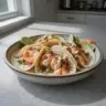 Delicious Baja shrimp tacos garnished with fresh vegetables and lime wedges.
