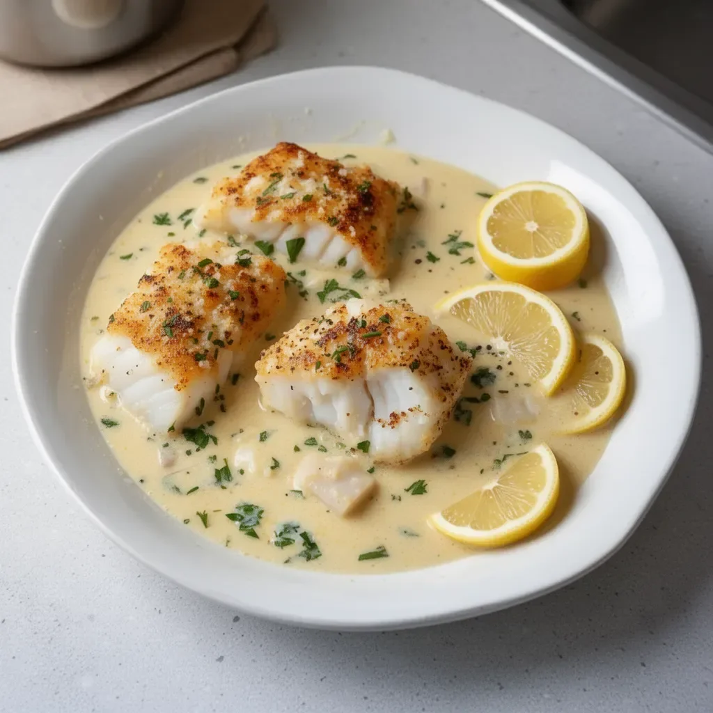 Baked cod fillet topped with coconut lemon cream sauce on a plate