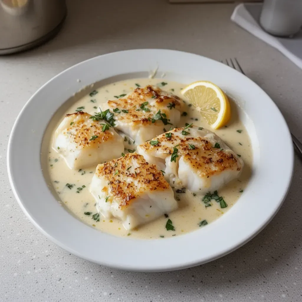 Baked cod fillet served with coconut lemon cream sauce on a plate