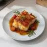 Baked cod fillet glazed with honey soy marinade served on a plate