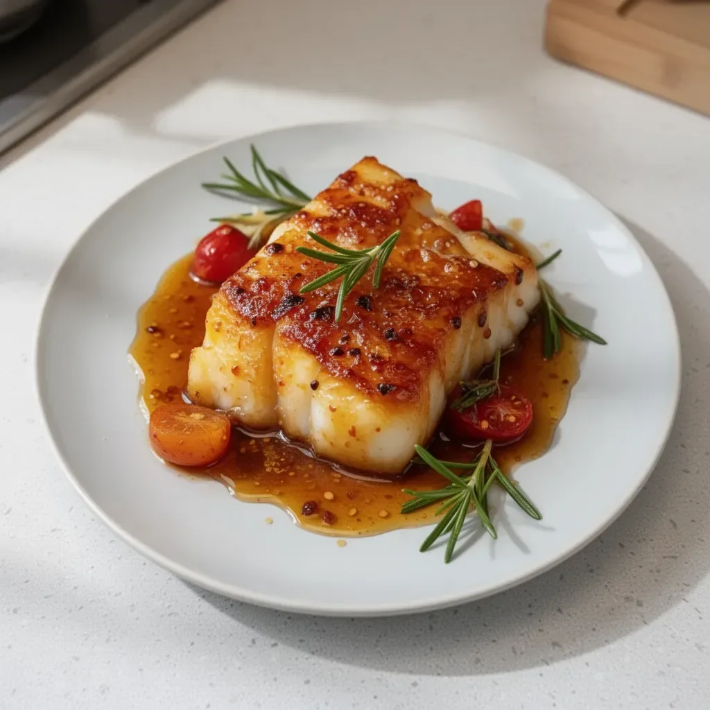 Baked cod fillet glazed with honey soy marinade served on a plate