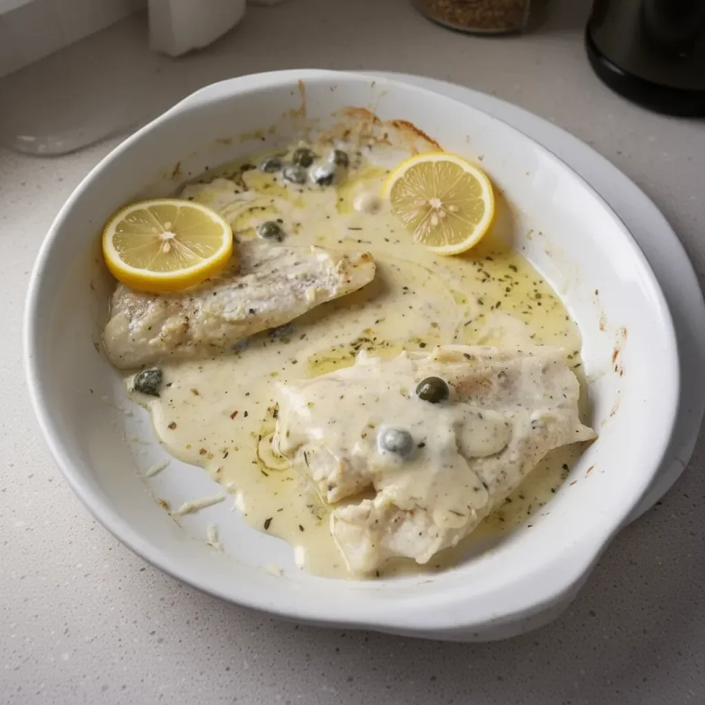 Baked cod filet served with a rich lemon cream sauce on a white plate.
